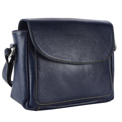 Livinwise Genuine Navy Blue Leather Crossbody Bag with Yellow Contrast Stitching