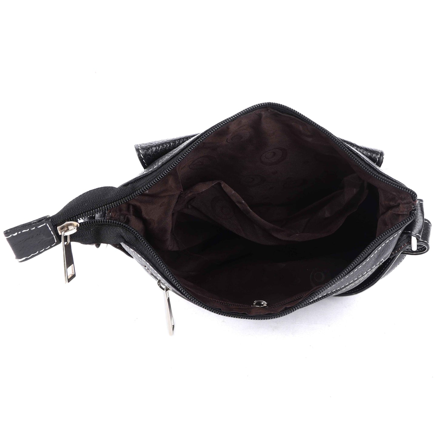 Livinwise Genuine Black Leather Crossbody Messenger Bag with White Stitching