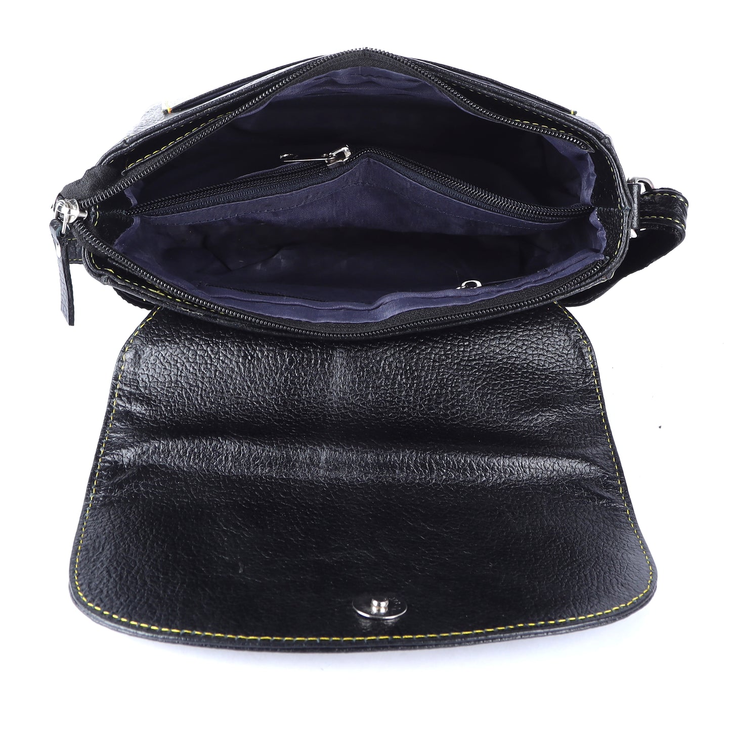 Livinwise Genuine Black Leather Crossbody Bag with Yellow Contrast Stitching