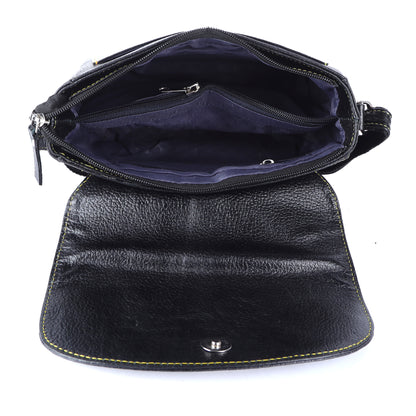 Livinwise Genuine Black Leather Crossbody Bag with Yellow Contrast Stitching
