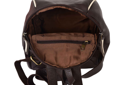 Livinwise Genuine Brown Leather Mini Backpack with Cream Piping