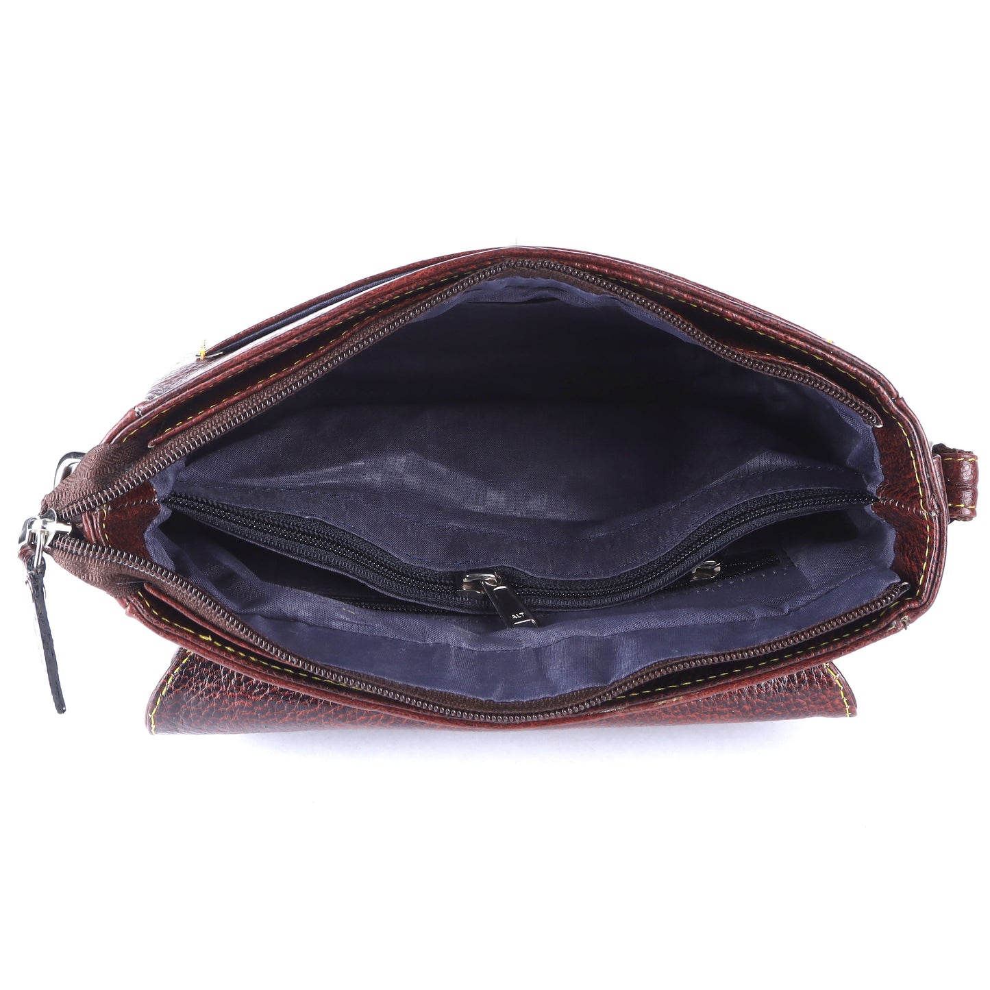 Livinwise Genuine Mahogany Leather Crossbody Bag with Yellow Stitching