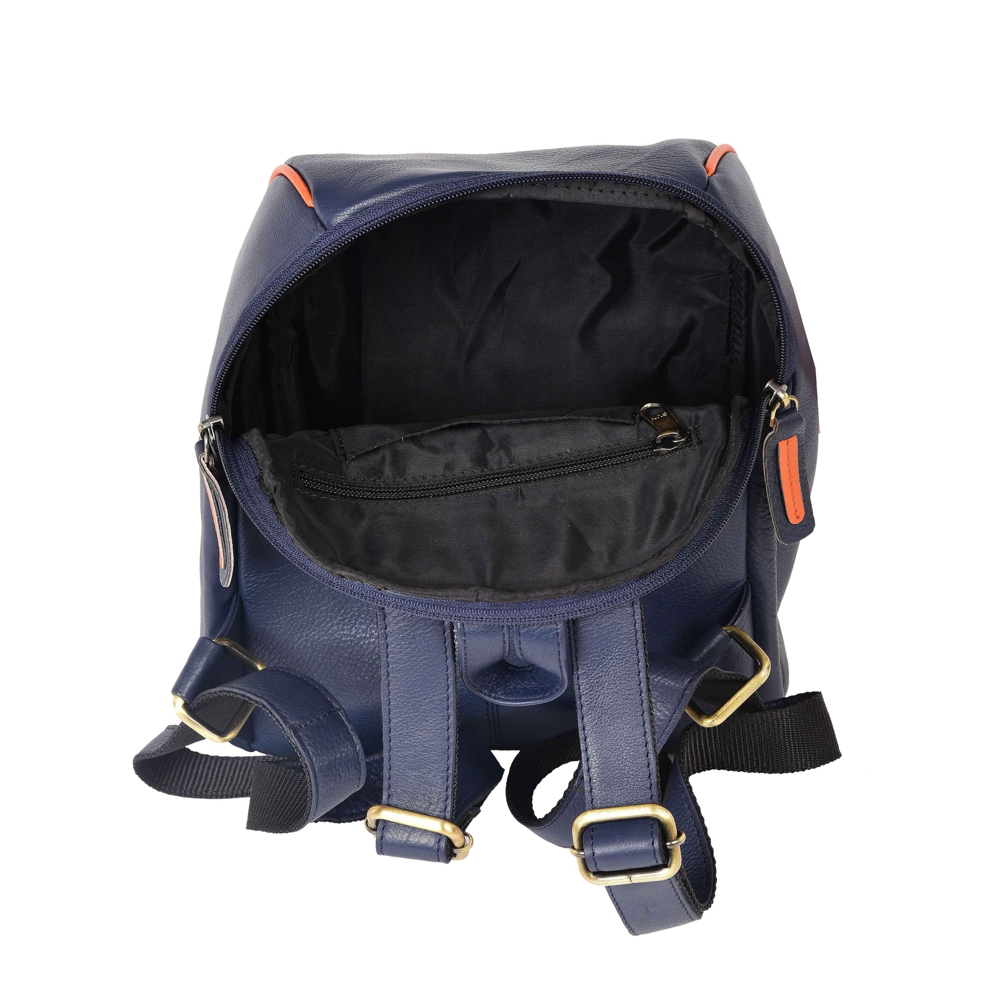 Livinwise Genuine Navy Leather Mini Backpack with Orange Piping