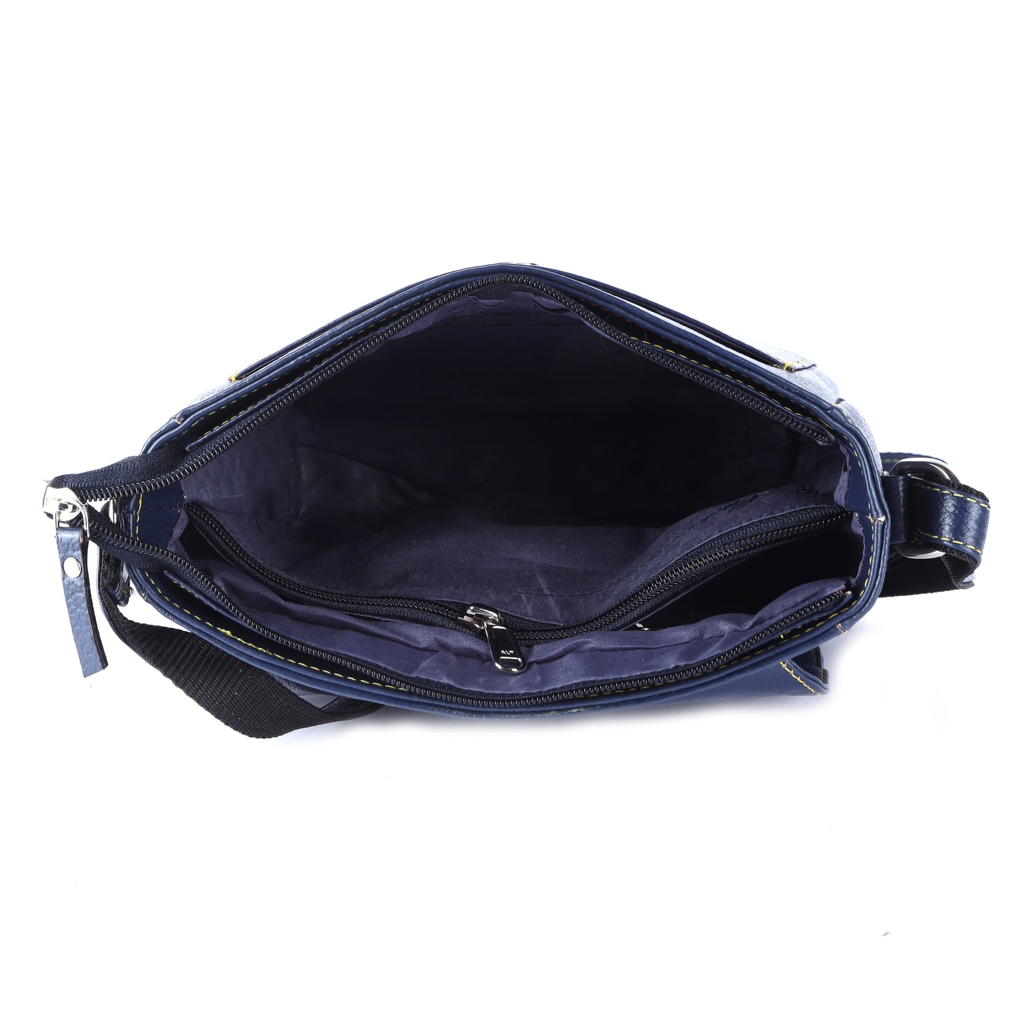 Livinwise Genuine Navy Blue Leather Crossbody Bag with Yellow Contrast Stitching