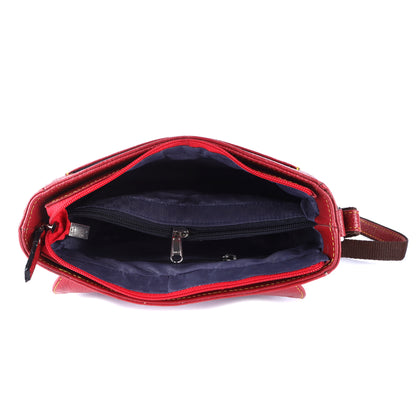 Livinwise Genuine Red Leather Crossbody Bag with Yellow Stitching