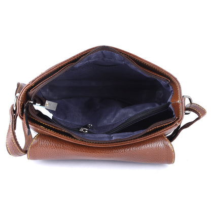 Livinwise Genuine Tan Leather Crossbody Bag with Yellow Stitching