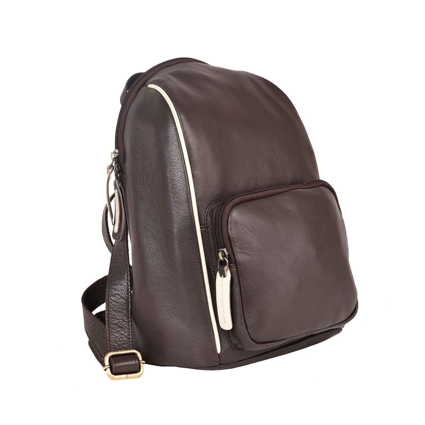 Livinwise Genuine Brown Leather Mini Backpack with Cream Piping