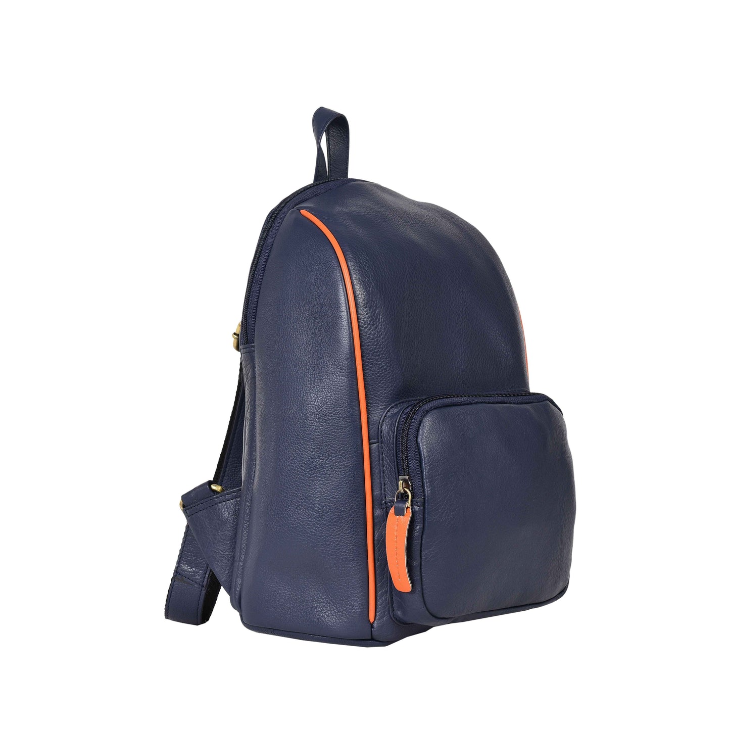 Livinwise Genuine Navy Leather Mini Backpack with Orange Piping