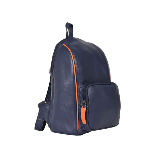 Livinwise Genuine Navy Leather Mini Backpack with Orange Piping