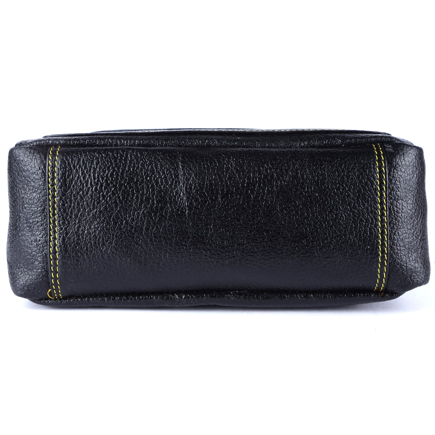 Livinwise Genuine Black Leather Crossbody Bag with Yellow Contrast Stitching