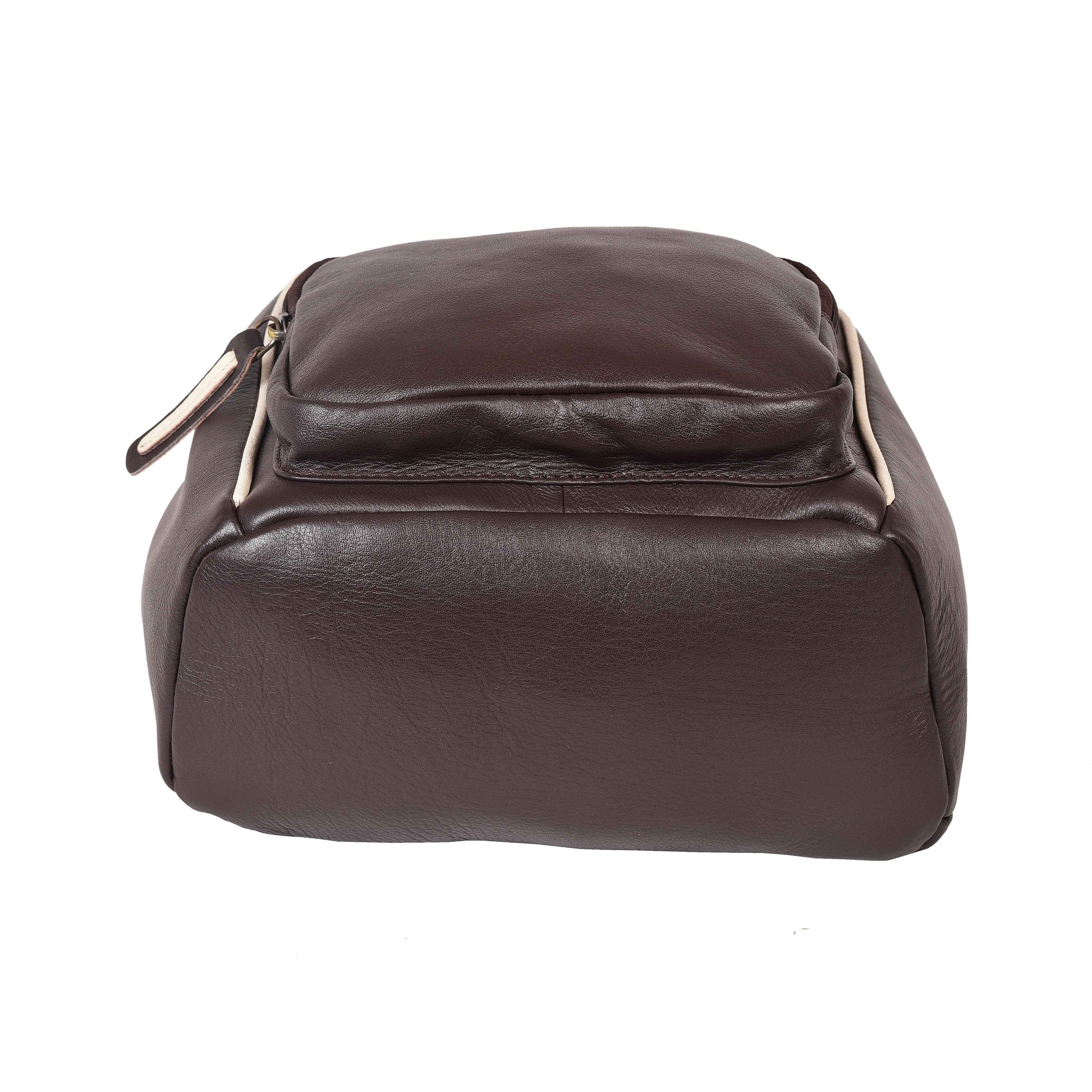 Livinwise Genuine Brown Leather Mini Backpack with Cream Piping