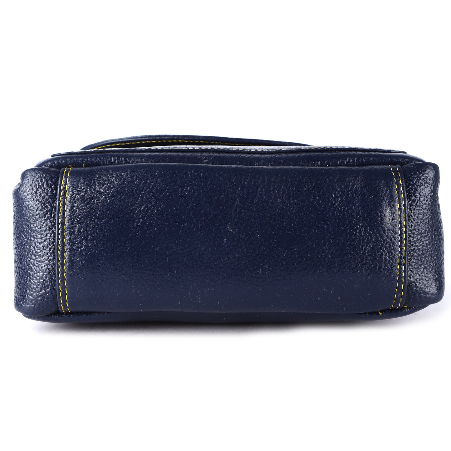 Livinwise Genuine Navy Blue Leather Crossbody Bag with Yellow Contrast Stitching