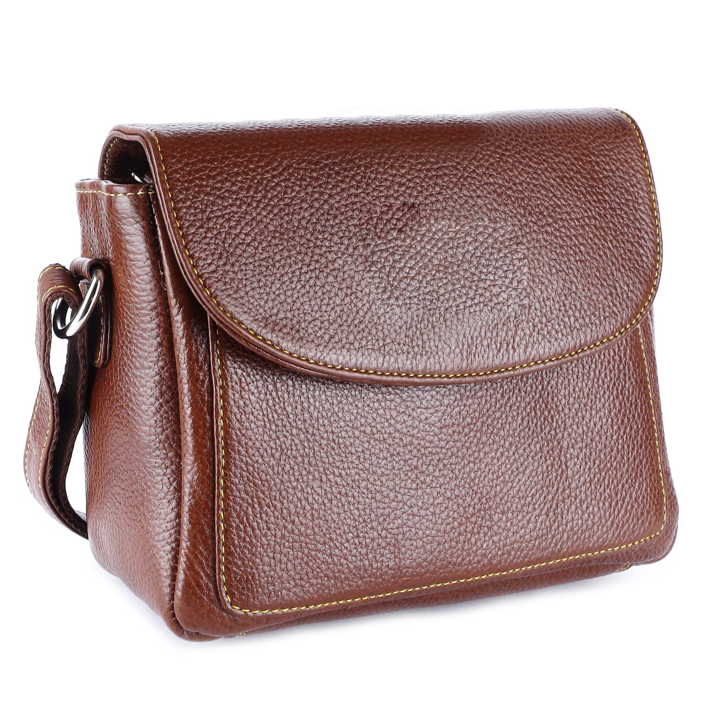 Livinwise Genuine Tan Leather Crossbody Bag with Yellow Stitching