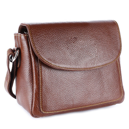 Livinwise Genuine Tan Leather Crossbody Bag with Yellow Stitching