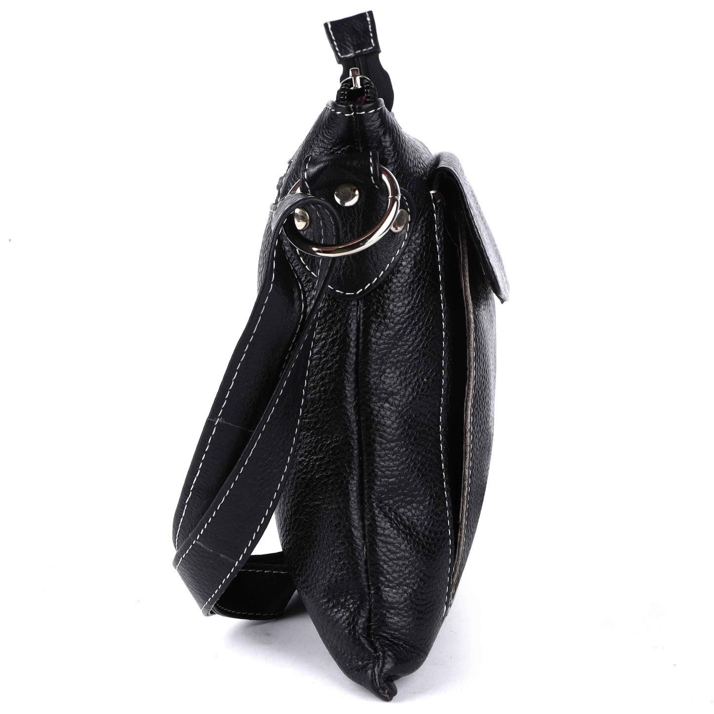 Livinwise Genuine Black Leather Crossbody Messenger Bag with White Stitching