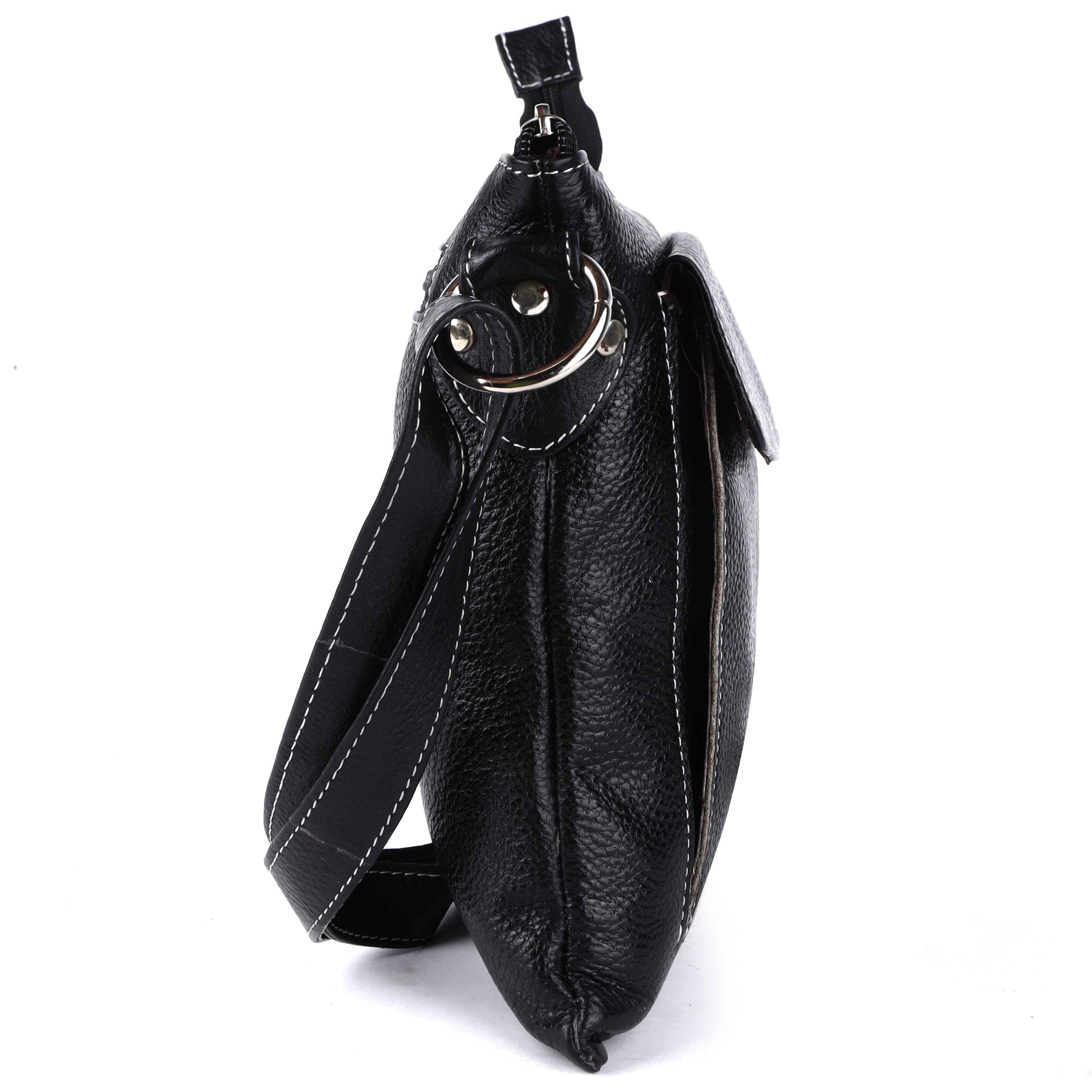 Livinwise Genuine Black Leather Crossbody Messenger Bag with White Stitching