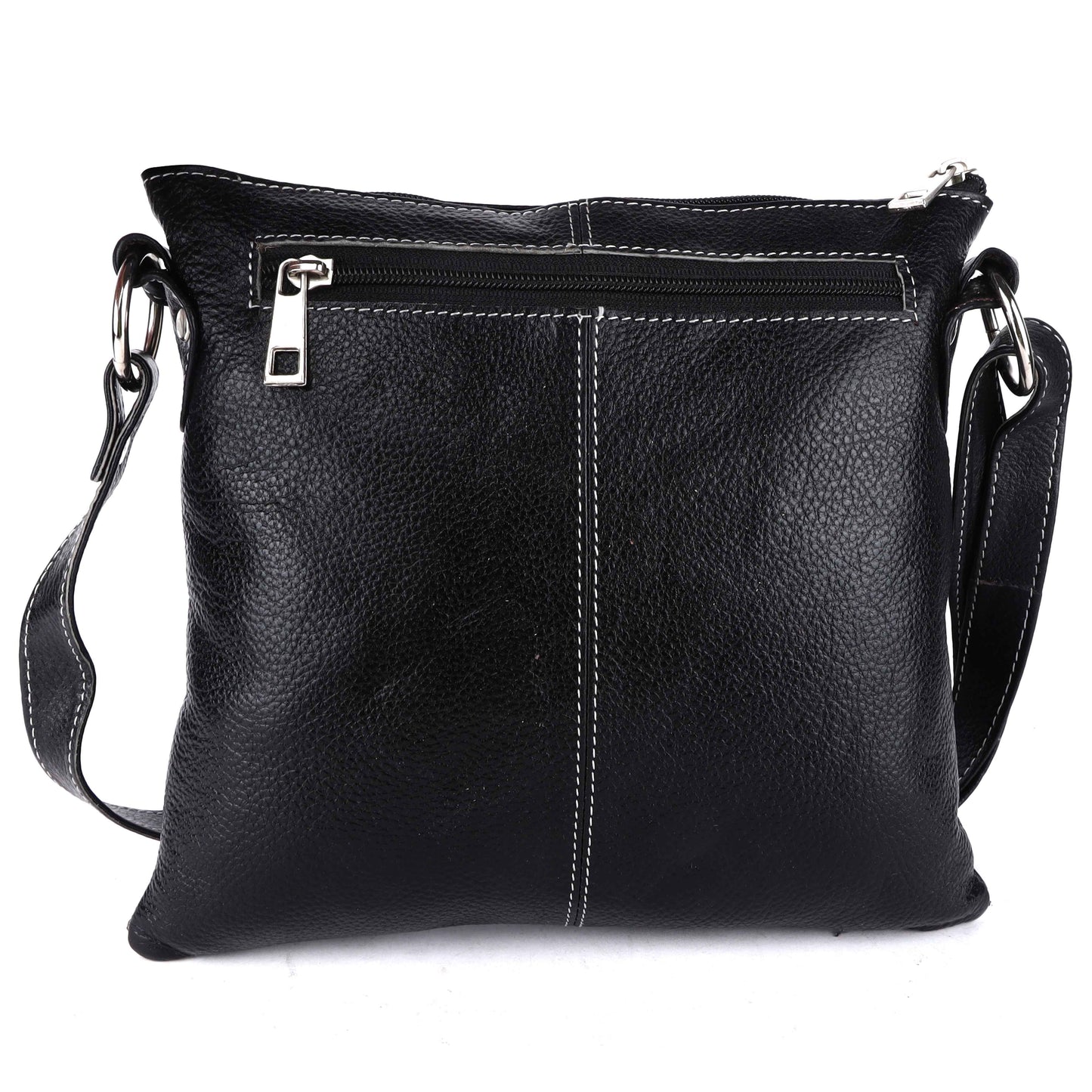 Livinwise Genuine Black Leather Crossbody Messenger Bag with White Stitching