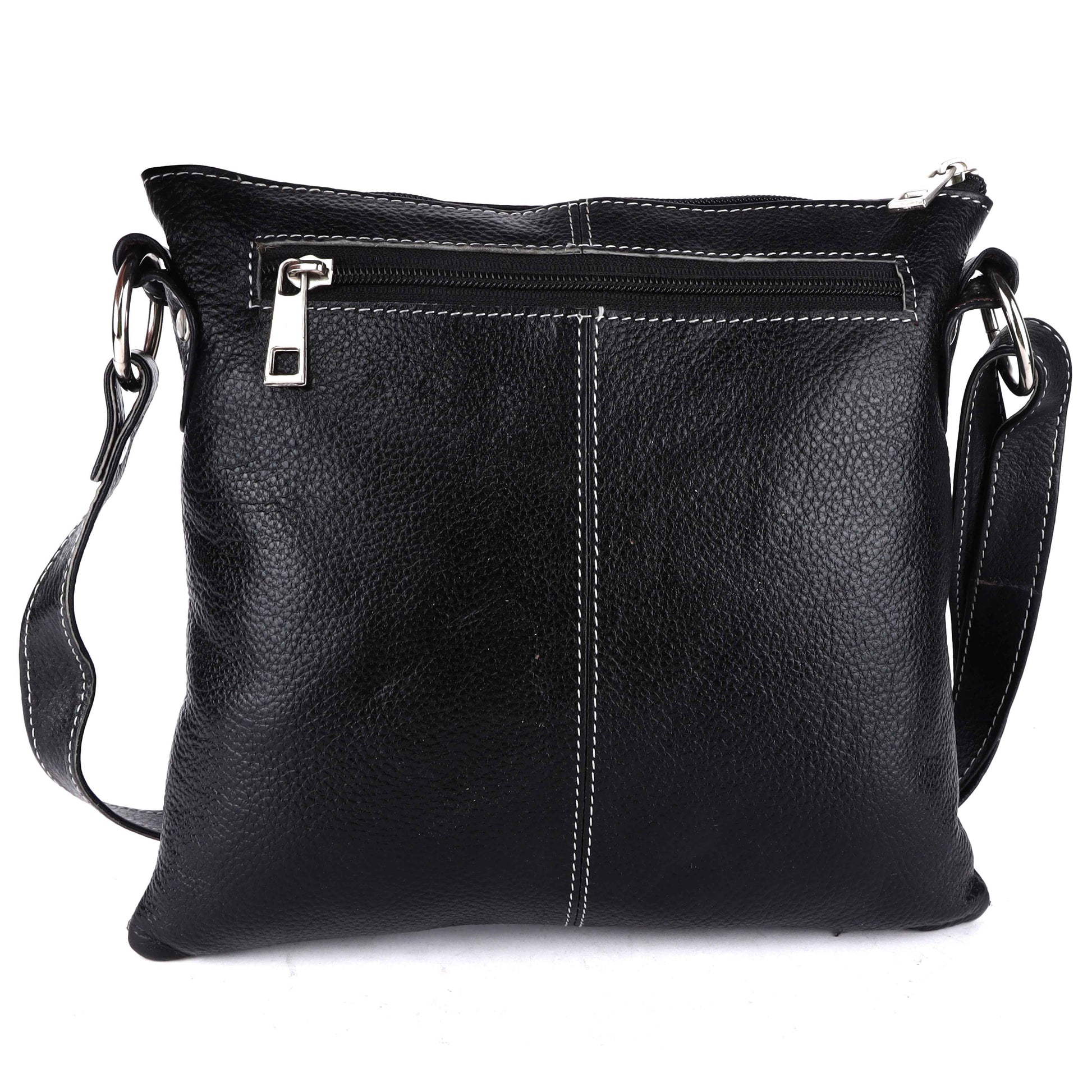 Livinwise Genuine Black Leather Crossbody Messenger Bag with White Stitching