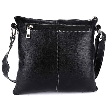 Livinwise Genuine Black Leather Crossbody Messenger Bag with White Stitching