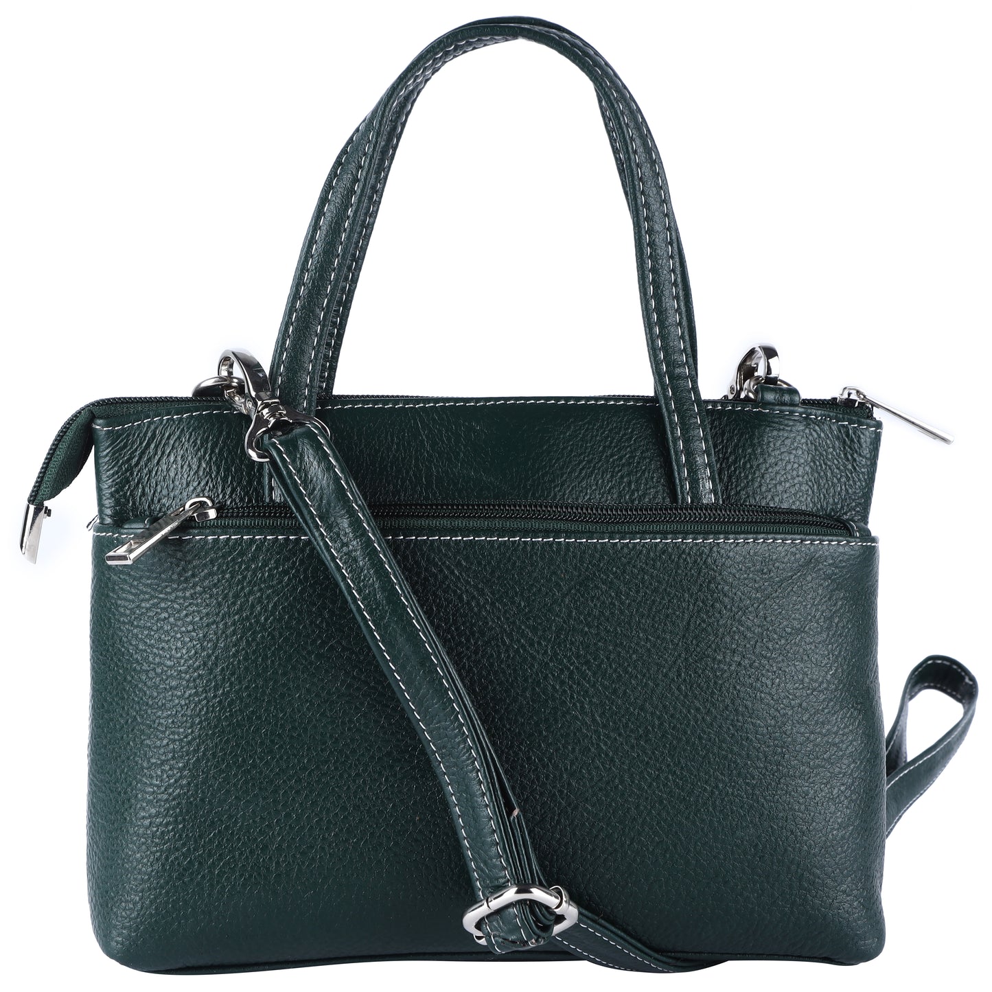 Livinwise Genuine Green Leather Crossbody Tote with White Stitching