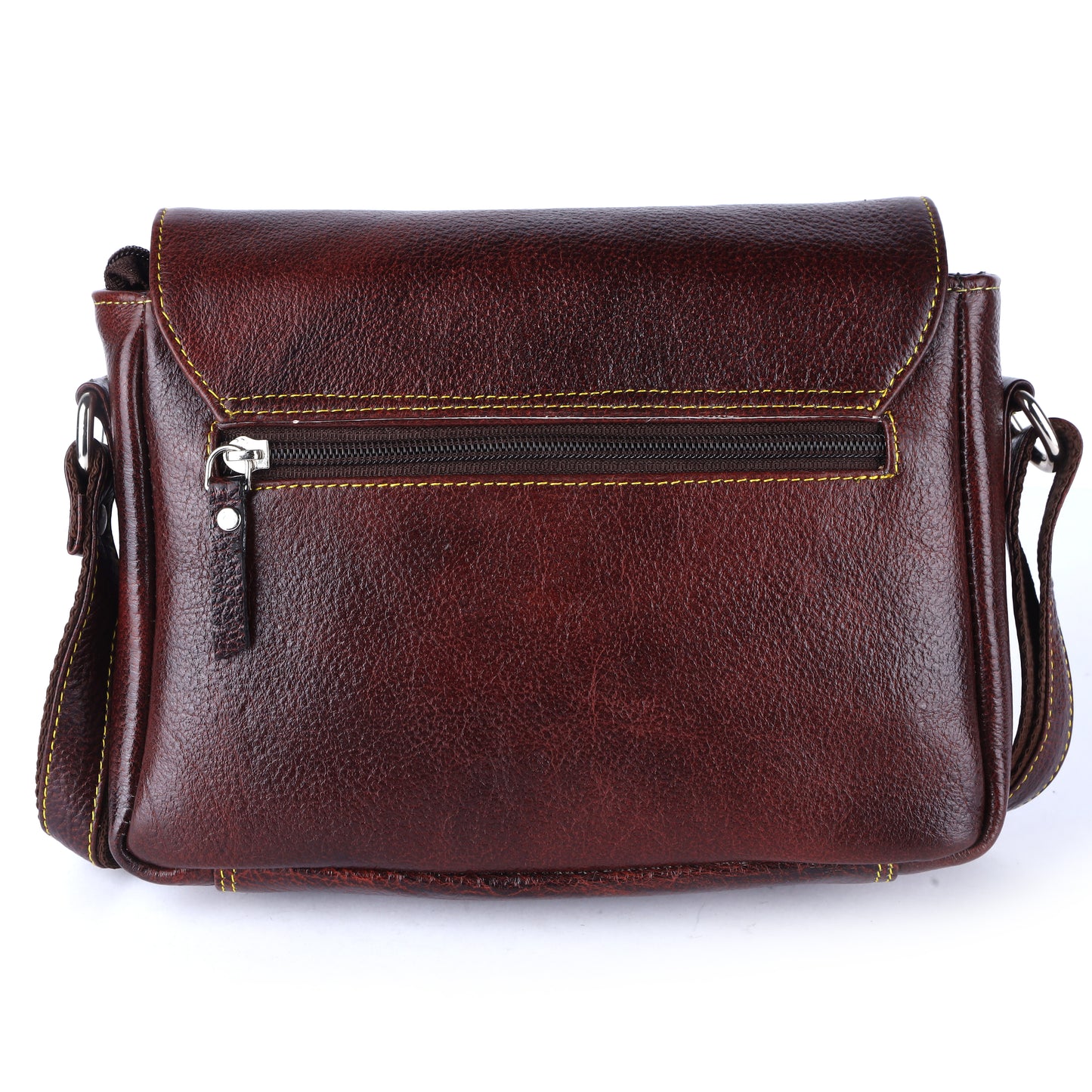Livinwise Genuine Mahogany Leather Crossbody Bag with Yellow Stitching