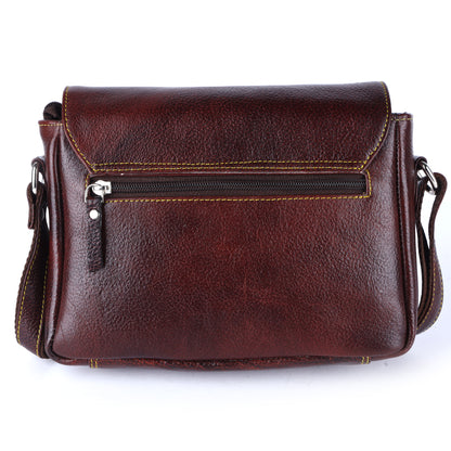 Livinwise Genuine Mahogany Leather Crossbody Bag with Yellow Stitching