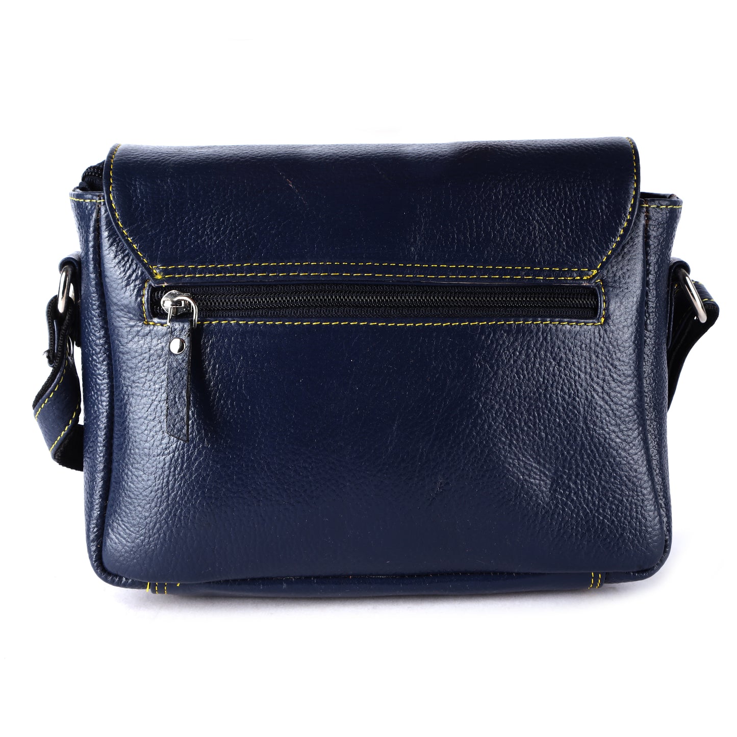 Livinwise Genuine Navy Blue Leather Crossbody Bag with Yellow Contrast Stitching