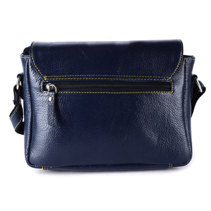 Livinwise Genuine Navy Blue Leather Crossbody Bag with Yellow Contrast Stitching